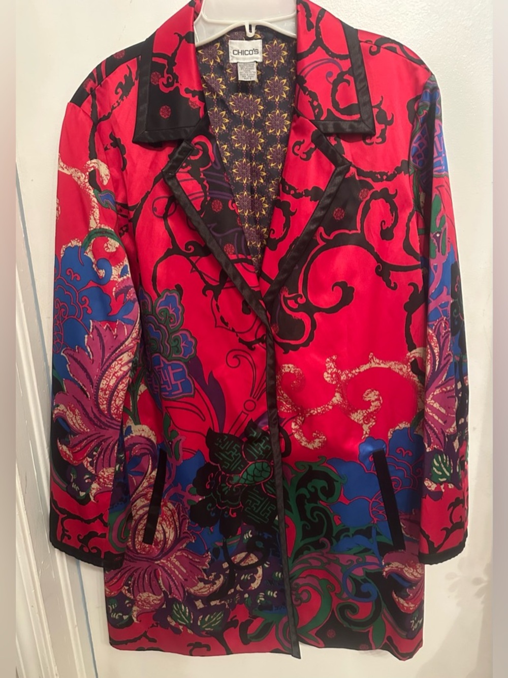 Chico's Red Floral Patterned Satin Jacket Size 2